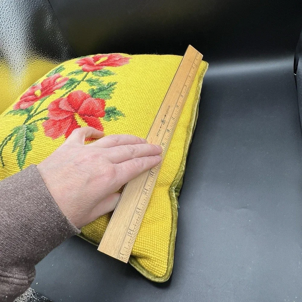 VTG Floral Tapestry Pillow Yellow w/ Bright flowers Needlepoint 15x15 Velvet Bck